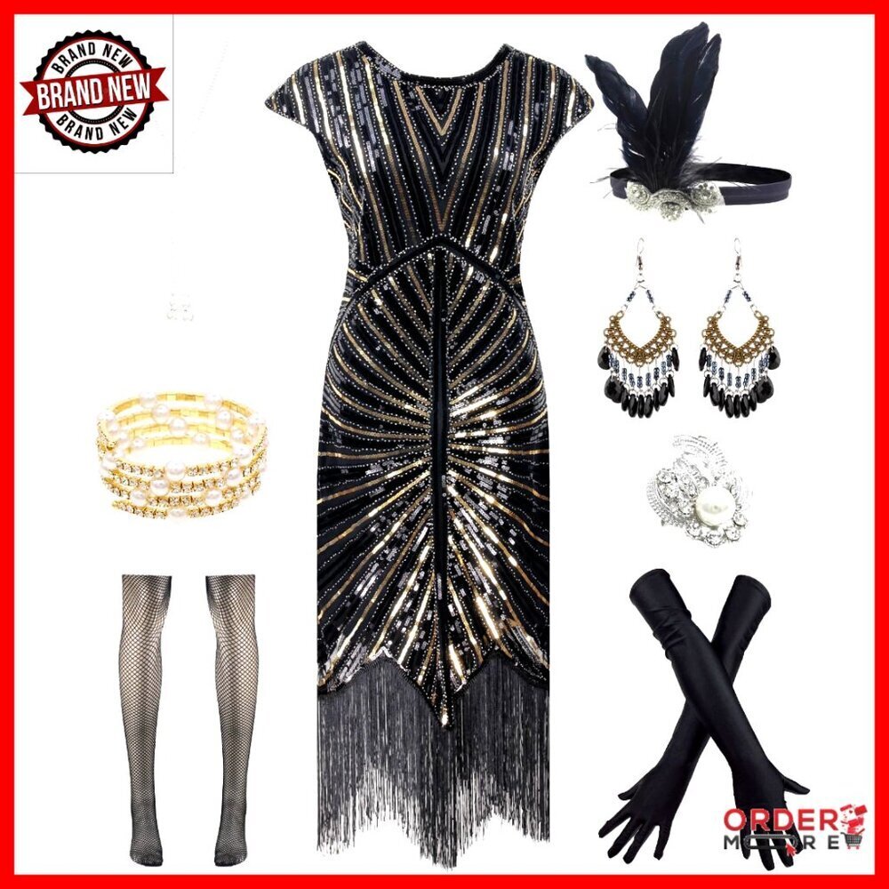 Vintage Flapper Fringe Beaded Gatsby Party Dress with Accessories Set